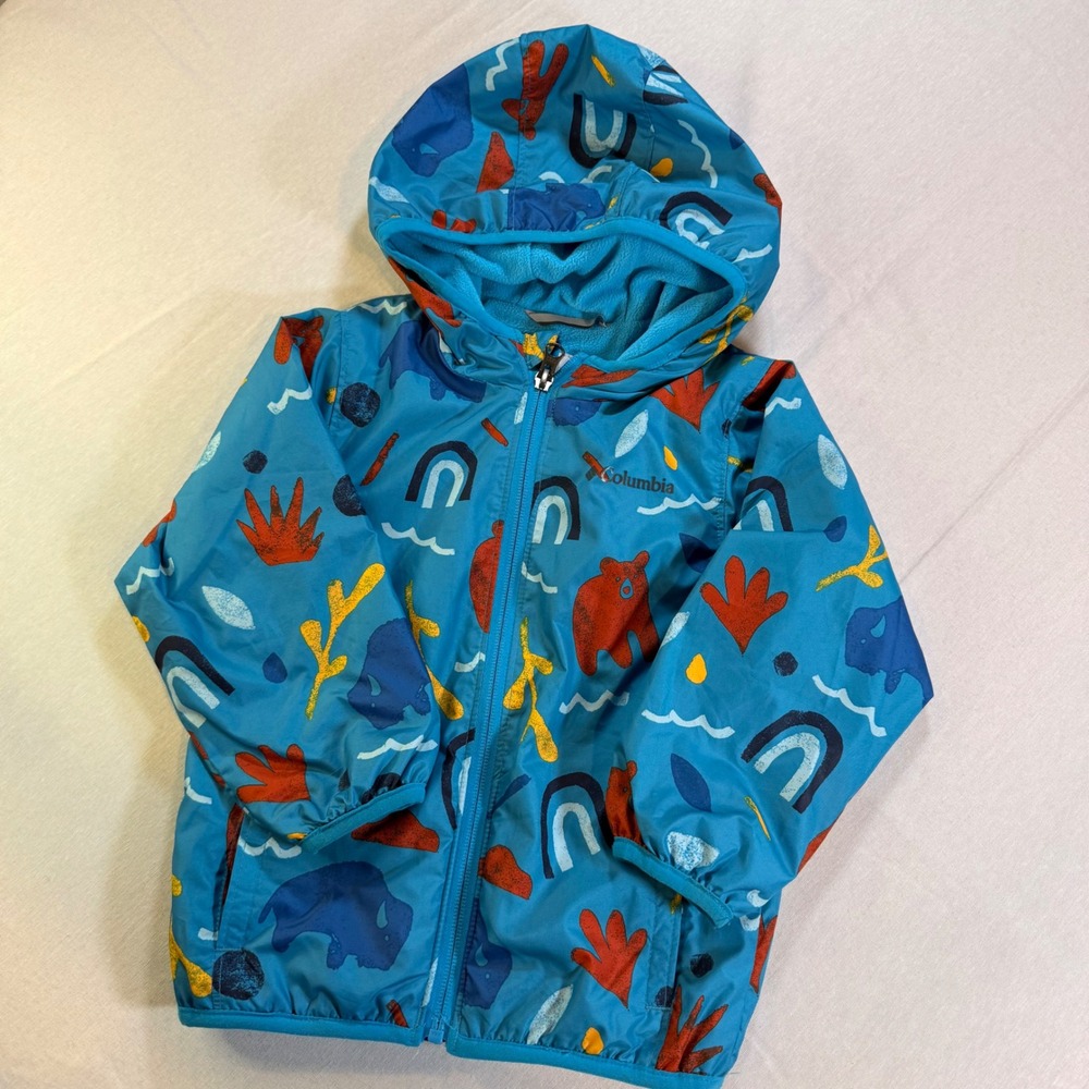 Columbia Windbreaker Boys 3T Blue Animal Print Fleece Lined Hooded Jacket Casual